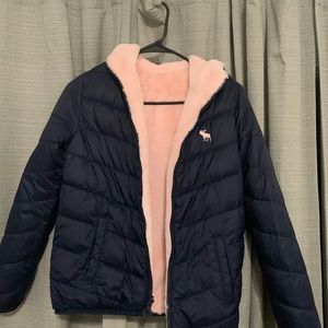 Navy and pink, reversible puffer and faux fur, girls size 9/10.